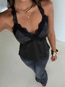 Aloruh Women's Fashion Contrast Lace Spaghetti Strap Backless Camisole For Summer - Black - View 7