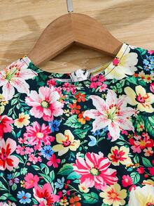 SHEIN 女童雪纺碎花圆领荷叶边下摆休闲连衣裙 - 彩色 - 查看 4