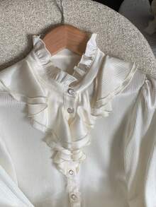 DAZY Women's Stand Collar Ruffle Trim Fashionable Versatile Long Sleeve Blouse - White - View 3