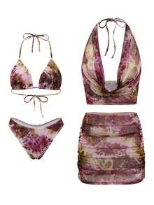 Bonvoyette 4件套女士扎染露背性感泳衣，适合海滩度假和夏季穿着 - 淡紫色 - 查看 1