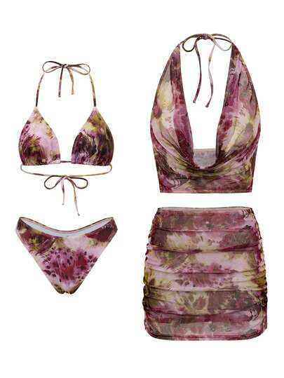 Bonvoyette 4件套女士扎染露背性感泳衣，适合海滩度假和夏季穿着