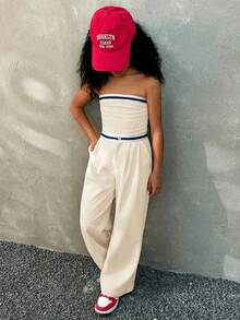 Coolane Kids Bộ 2 món thời trang xuân hè cho bé gái tuổi teen gồm áo bandeau và quần màu tương phản - Màu be - Xem 4