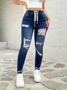 SHEIN Quần jean nữ dáng skinny rách, cạp chun, đa năng, phong cách thường ngày. - Rửa tối - Xem 1