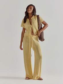 MUSERA Collar Detail Button Through Boxy Loose Fit Wavy Crochet Scallop Hem Top Coord Only Cute Beach Coverup Summer Spring Holiday Swim Knit - Yellow - View 3