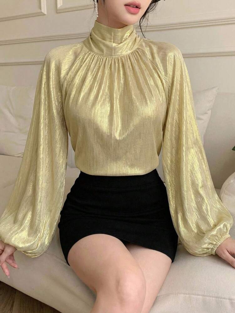 Women's Solid Color Pleated Collar Elegant Fashion Long Sleeve Blouse