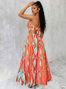 Eryvara Vacation Casual Colorful Print Hollow Lace-Up Backless Cropped Tube Top & Mini Skirt Set - Multicolor - View 2