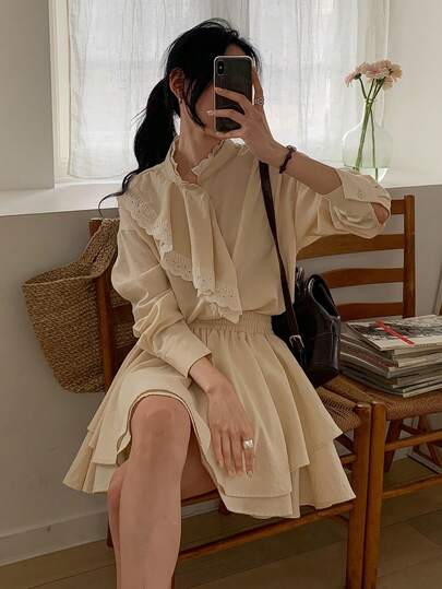 DAZY Women's Korean Style Casual Loose Shirt And A-Line Skirt 2 Pieces Set Lounge Sets For Women