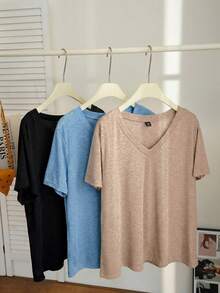 Comfortcana 3pcs/Set Plus Size Casual V-Neck T-Shirts, Spring/Summer, Summer Tops - Multicolor - View 1