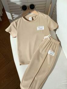 Bubblio 2pcs/Set Young Boys' Casual Comfortable Versatile Cartoon Print Short Sleeve T-Shirt And Pants Set,Kids - Khaki - View 4