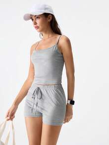 女士休闲简约吊带背心和短裤睡衣套装 - 灰色 - 查看 9