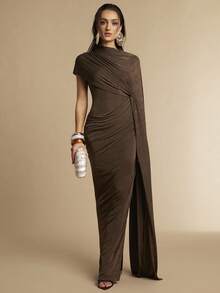 Silquee This Elegant And Romantic One-Piece Neckline Dress Features An Asymmetrical Design With A Draped Waist And A Fitted Silhouette, And The Length Is Just Right. It's A Women's Fitted Maxi Dress In Brown, Suitable For Various Occasions Such As Valentine's Day, Dates, Outings, And Nightclub Parties. Furthermore, It's Also An Elegant Party Dress, Perfect For Parties, Dates, Outings, And Nightclub Parties. Draped Dress Brown Elegant Dress Women - Brown - View 4