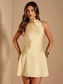 SHEIN BAE 女士纯黄色无袖深V领露背蝴蝶结装饰低腰A字迷你连衣裙，黄色连衣裙，适合派对、度假、宴会、婚礼、夜间外出、浪漫约会等场合。 - 黃色 - 查看 4