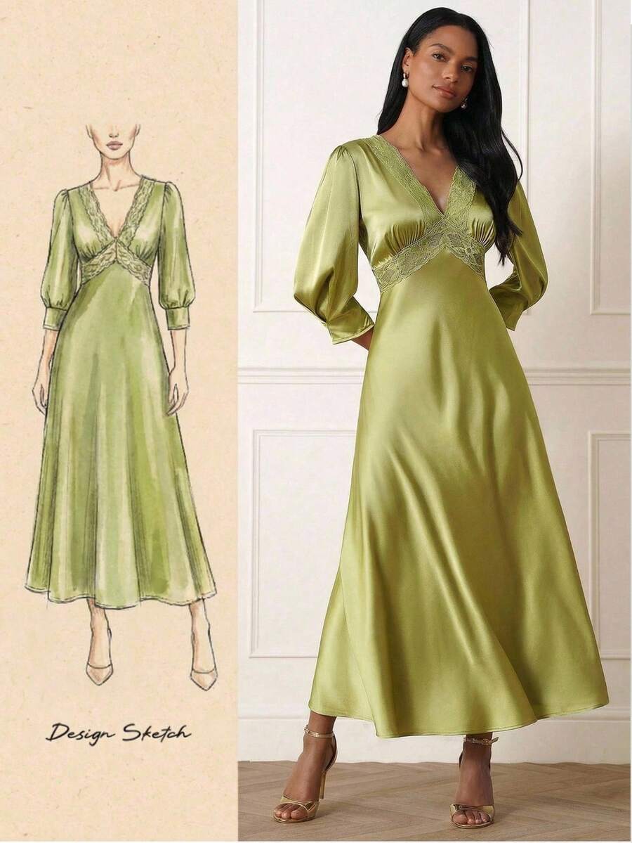 Lilora 女士优雅蕾丝拼接中长连衣裙 - 綠色 - 查看 1