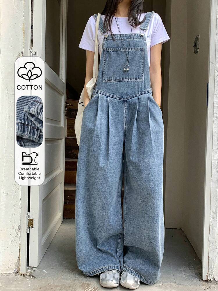 Women's Loose Straight Leg City Casual Denim Bib Pants And Jumpsuit