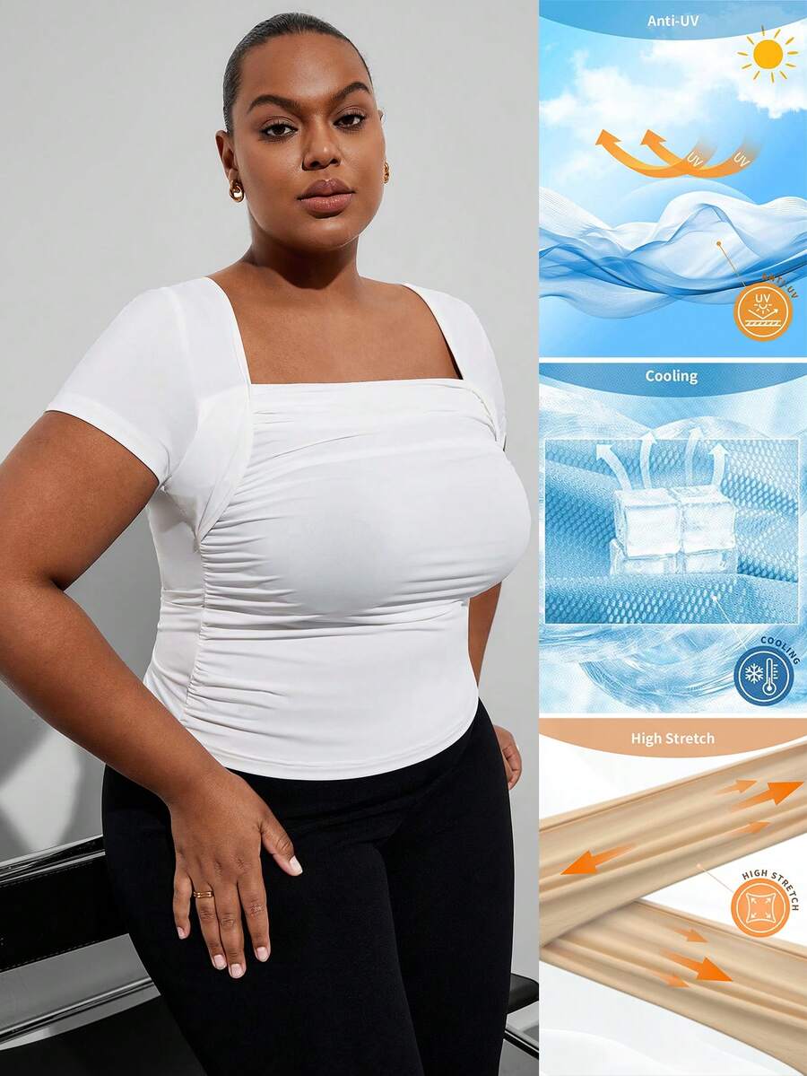 SHEIN Clasi Plus Size Women's T-Shirt,Square Neck Short Sleeve White Summer Smart Casual Hiking Tops,UV Protection High Elasticity 4-Way Stretch Elegant Blouses - White - View 1