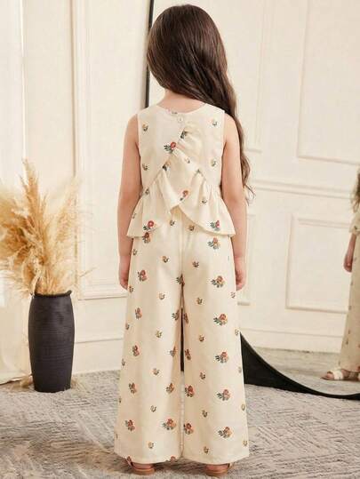 SHEIN LMoss Kids 两件套女童休闲碎花上衣（后背荷叶边设计）和碎花打底裤，法式复古乡村夏季海滩度假风