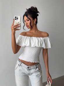 Olithes Off-The-Shoulder Pleated Layered Fitted Top - White - View 2