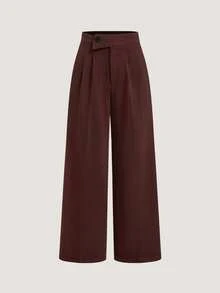 Olithes 2025 New Women's Long Pants Brown Button Detail Asymmetric Waist Casual Work Versatile - Brown - View 1