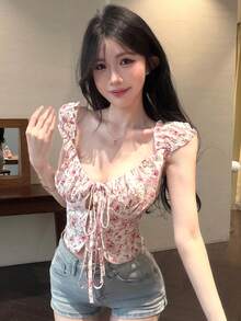 Joudiya Spring & Summer Ditsy Floral Pink Chiffon Blouse, Casual Vacation Beach Style, Tie Front Crop Top Design, Fitted Waist Women Shirt - Pink - View 6