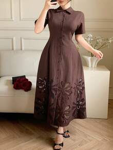 Dazy-Less 女士优雅通勤镂空刺绣前扣腰连衣裙，夏季 - 咖啡棕 - 查看 3