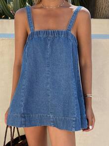 Livesso 女士宽松休闲牛仔吊带背心，适合度假穿着 - 中等水洗藍 - 查看 3