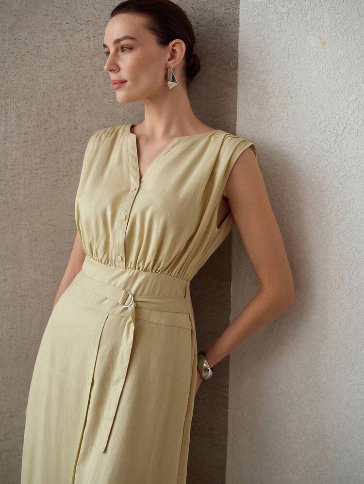 WOMEN'S SUMMER LINEN ELEGANT BUCKLE WAIST STRAP DRESS