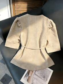 Franclia 法式极简亚麻短袖衬衫，春夏新款V领系带露脐上衣，泡泡袖收腰休闲度假工作装 - 杏色 - 查看 2