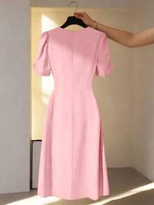 SHEIN LUNE 女士优雅纯色花瓣袖连衣裙，夏季 - 粉色 - 查看 2