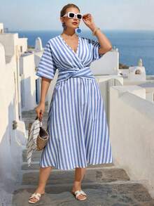 EMERY ROSE Plus Size Women Holiday Vertical Striped Dress, Blue Linen Beach Vacation Dress - Blue - View 6