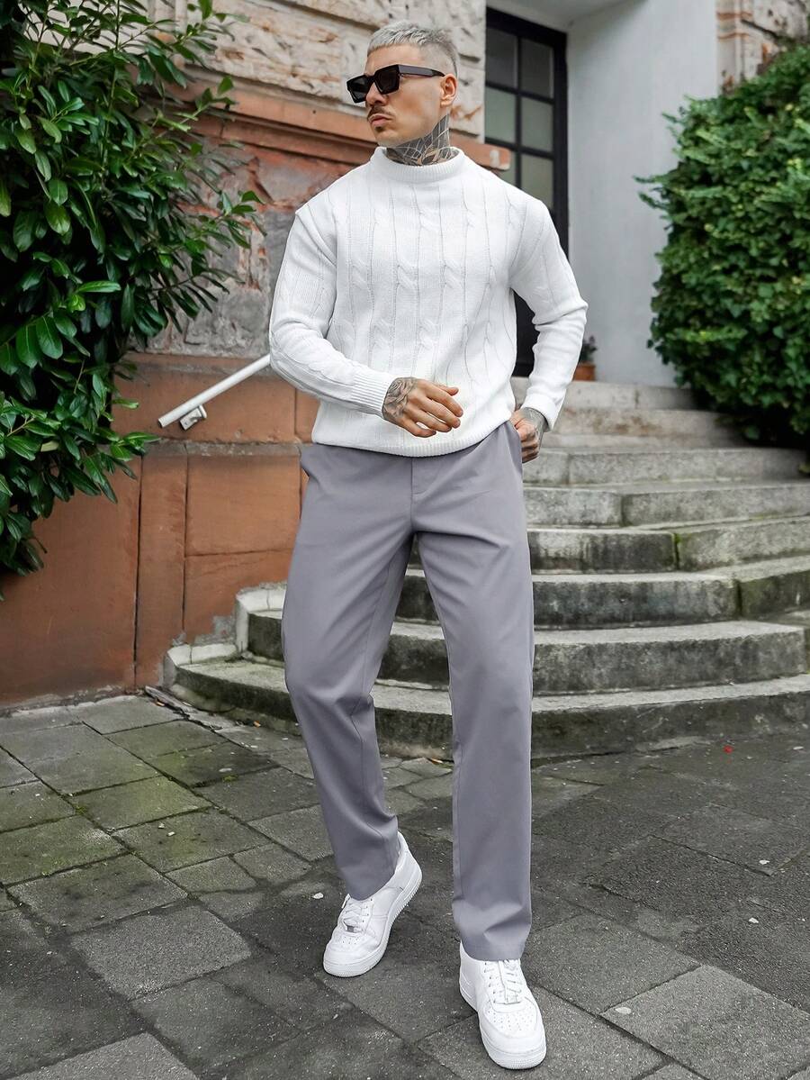 Artur Kramer 男士纯色绞花针织秋季毛衣，圆领长袖，纯白色都市休闲秋季毛衣，冬季，情侣装 - 白色 - 查看 1