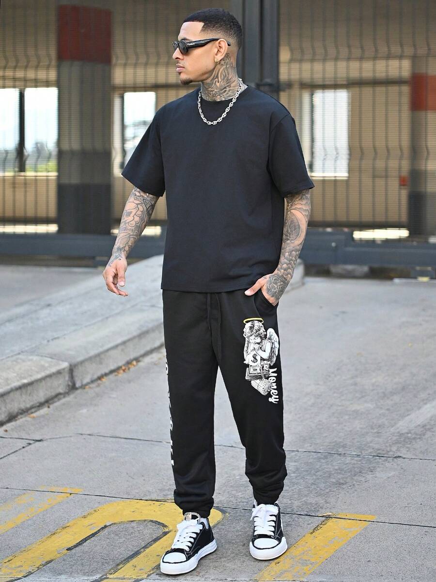 Devon Thys 男士字母天使印花抽绳腰袋休闲运动裤，男士街头潮流图案运动裤，适合狂欢 - 黑色 - 查看 1