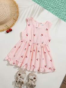 SHEIN Playful Pals 女婴格子樱桃印花连衣裙，夏季彩色条纹连衣裙，柔和的扎染色调，甜美气息，经典条纹图案简约时尚，背部蝴蝶结装饰俏皮吸睛，宽松舒适，适合户外散步、居家休闲、亲子出游、派对和其他欢乐场合。 - 粉色 - 查看 2