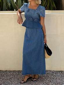 DAZY 女士休闲水洗3D立体花朵领花瓣袖上衣和牛仔裙两件套，春夏款 - 中等水洗藍 - 查看 3