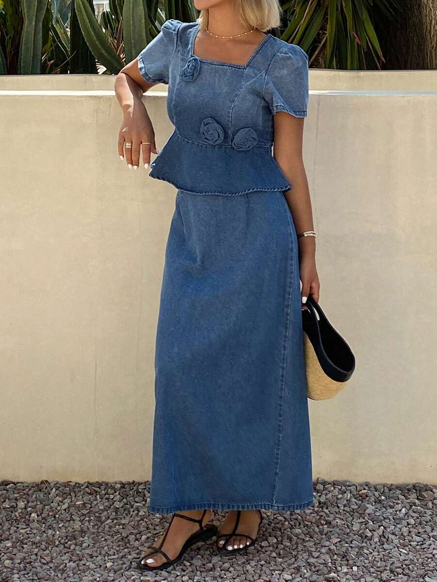 DAZY 女士休闲水洗3D立体花朵领花瓣袖上衣和牛仔裙两件套，春夏款 - 中等水洗藍 - 查看 1