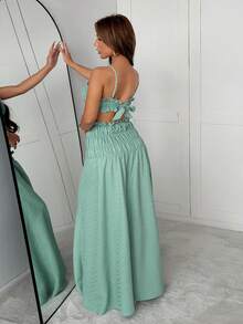 Slaydiva 春夏度假、海滩、优雅、浪漫、性感、派对、约会、生日派对、休闲优雅、吊带背心搭配三段式拼接长裙、褶皱面料女士套装 - A - 綠色 - 查看 1