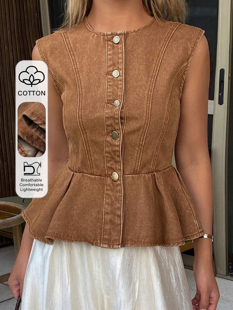 Women's Round Neck Sleeveless Waist Gathered A-Line Hem Elegant Casual Design Brown Denim Vest Jacket And Outerwear Summer