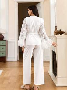 Mature Elegant Lace Blouse Set, French Graceful Charm Sleepwear Set, Romantic Lace Ruffle Sleeve Layered Sleepwear Set For Women - White - View 2