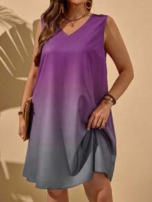 EMERY ROSE 大码渐变印花无袖休闲度假连衣裙 - 紫色 - 查看 8