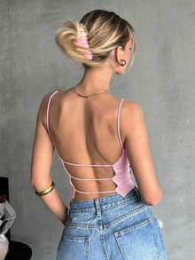 SHEIN EZwear Solid Color Fitted Backless Cropped Camisole Top, Summer,Pink Top - Pink - View 6