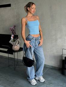 SHEIN EZwear 女士夏季修身纯色性感露背蓝色吊带背心 - 藍色 - 查看 3