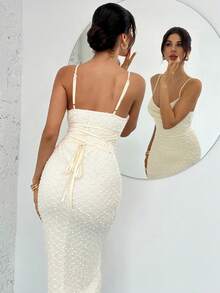 Firerie Elegant Romantic Apricot Spaghetti Strap Draped Neck Fitted Textured Dress, Suitable For Valentine's Day, Wedding Season, Spring/Summer Beach Vacation, Afternoon Tea Gathering - Apricot - View 2