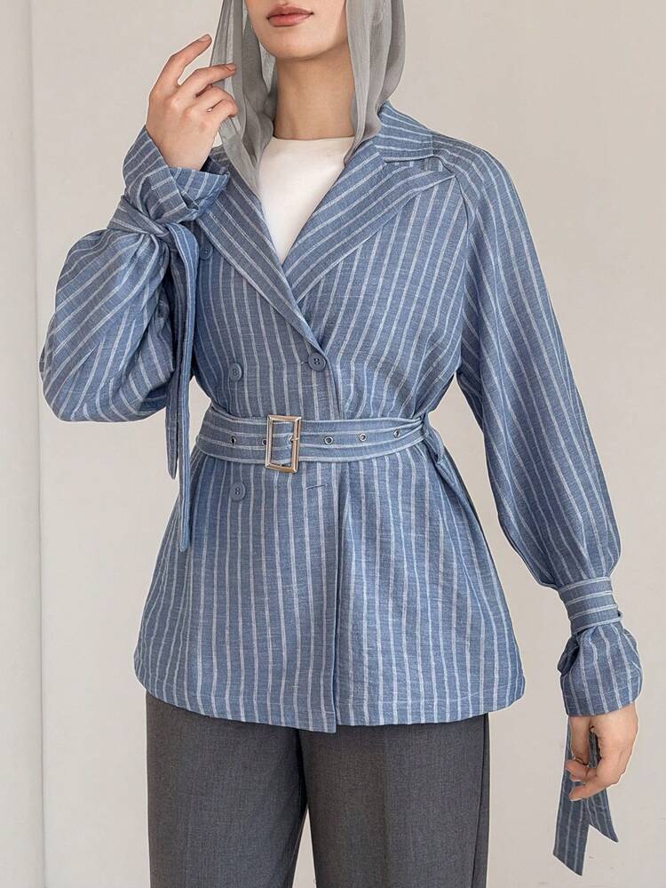 Women's Casual Striped Blazer With Belt, Suitable For Spring And Summer