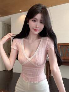 DAZY 春夏纹理格纹蕾丝拼接粉色衬衫，格纹优雅，适合情人节、婚礼、派对、时尚活动，修身时尚，适合办公室穿着，短袖女式T恤 - 粉色 - 查看 6
