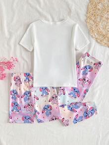 3pcs Girls Pajamas Set - Cute Blue & Pink Rabbit Print Snug Fit T-Shirt, Shorts And Leggings Snug Fit Girls Pajama Set Short Sleeve Pajama Set - Multicolor - View 2