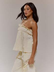 MUSERA Ruched Frill Bust Flowy Hem Strapless Bandeau Top Coord Top Only Cute Spring Easter Occasion Girly Sexy Going Out Mothers Day Soft Bloom - Yellow - View 4