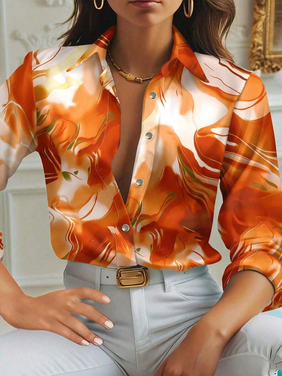 SHEIN Clasi 女式长袖纽扣休闲衬衫，全身印有金色时光图案，长袖上衣 - 橘色 - 查看 1