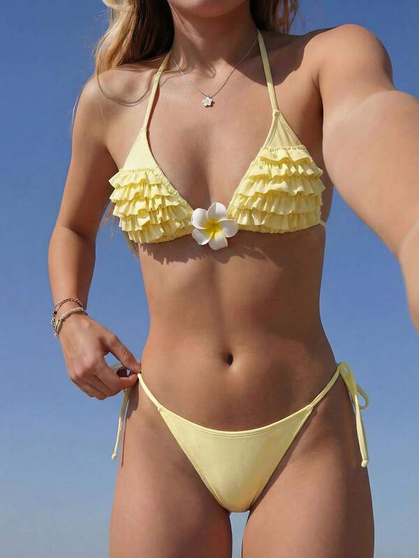 Swim Mod 2026 SS Women's Beach Outfit, 2pcs Swimwear Set, Spring/Summer Beach Vacation, Afternoon Tea, Picnic, Fresh Sweet Cute Multi-Layer Ruffle, Faux Plumeria 3D Decor, Bow Tie, Multi-Color, Yellow Triangle Bikini Set, Fresh Elegant Sweet Cute, Girl's Vacation, 2026 Spring/Summer New Fashion, New Year, Valentine's Day, Back To School, Travel Season, Suitable For Vacation, Beach, Afternoon Tea, Picnic, Party, Daily Wear, Home Leisure, Outdoor Sports, Fashionable Outfit