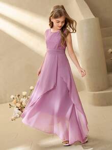 Elegant Purple Lace Chiffon Dress For Tween GirlsSuitable For Evening Party, Christmas, Prom, Wedding, Graduation And Other Occasions - Purple - View 1