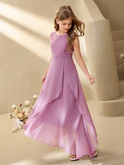 Elegant Purple Lace Chiffon Dress For Tween GirlsSuitable For Evening Party, Christmas, Halloween, Prom, Wedding, Graduation And Other Occasions