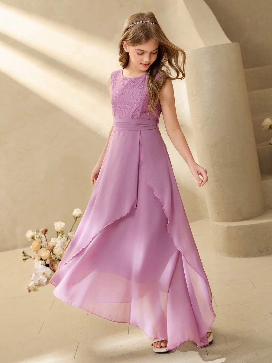 Elegant Purple Lace Chiffon Dress For Tween GirlsSuitable For Evening Party, Christmas, Prom, Wedding, Graduation And Other Occasions - Purple - View 1